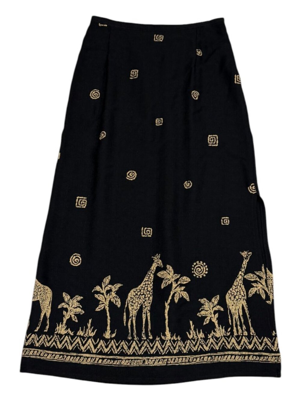 Alfred Dunner Kenya Maxi Skirt Sz 12 Black Gold Safari Giraffe Slit